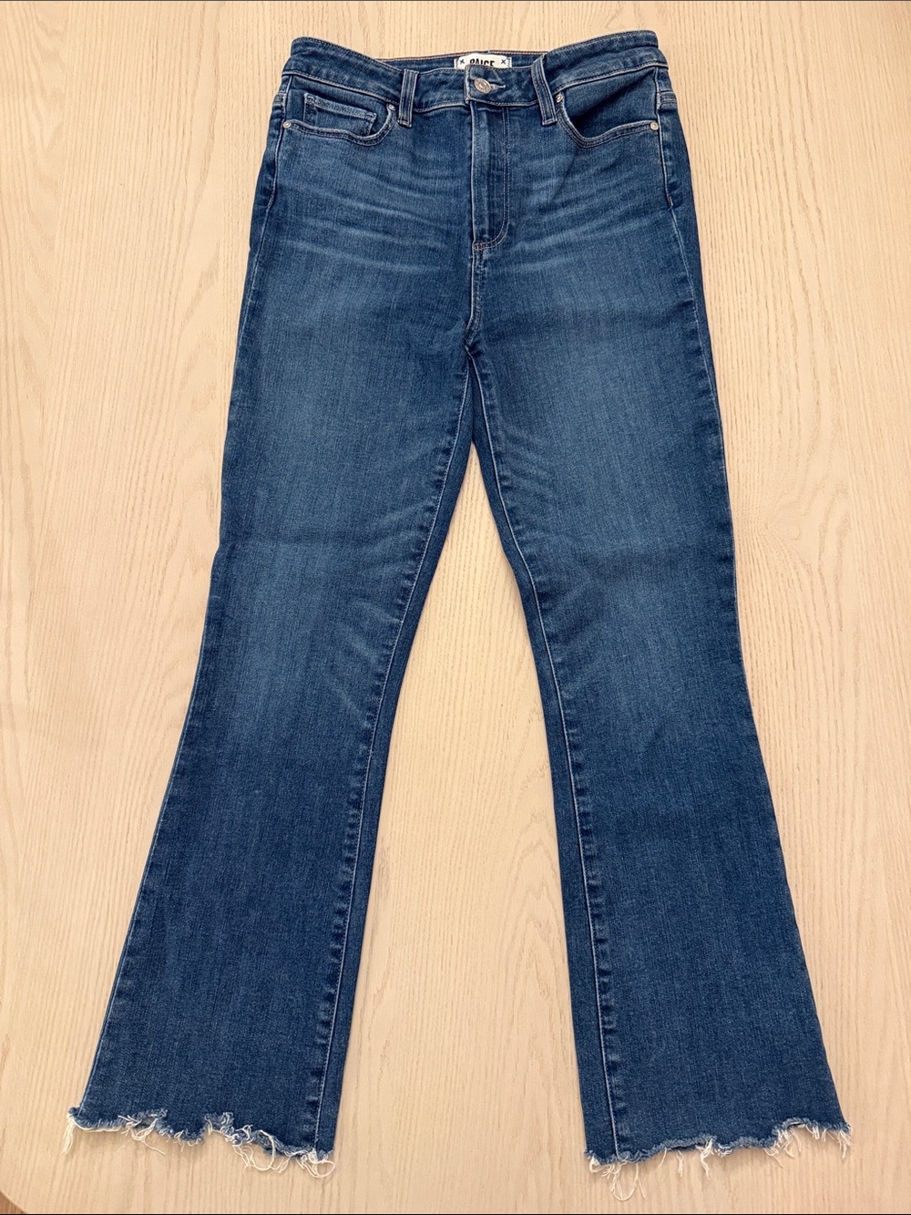 PAIGE Cropped Flare Dark Blue Flare Jeans with Frayed Hem